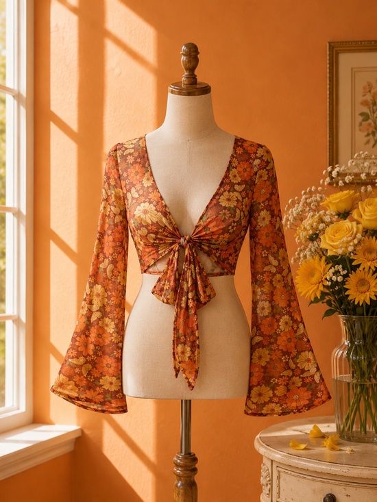 Unknown Tops - Vintage Y2K vibes Floral Bell Sleeve Tie-Front Top